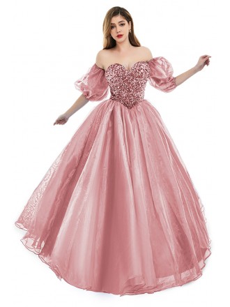 Pink Sweetheart Sequined Top Ballgown Long Prom Dress For Formal