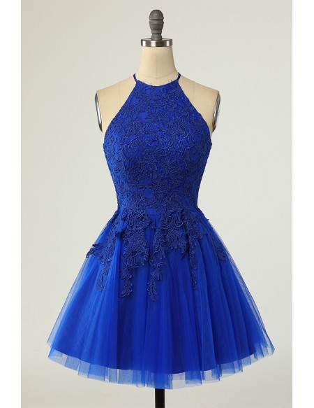 Blue Short Halter Lace Tulle Homecoming Dress