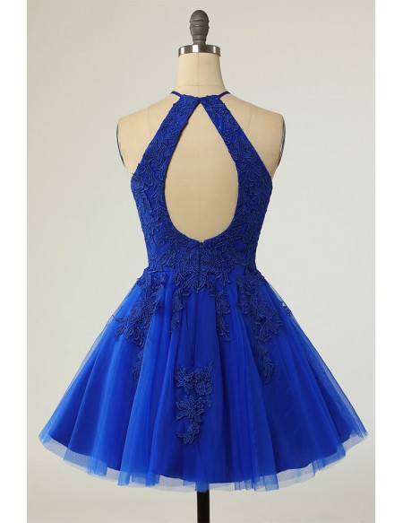 Blue Short Halter Lace Tulle Homecoming Dress