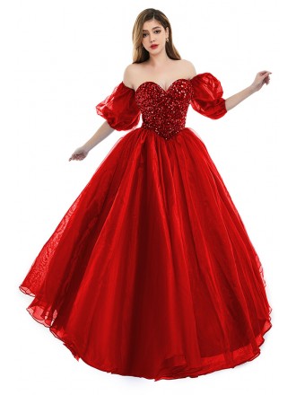 Red Sweetheart Sequined Top Ballgown Long Prom Dress For Formal