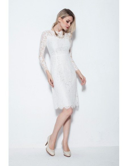 Modest Sleeved Knee Length White Dresses in Full Lace #DK212 $76.5 ...