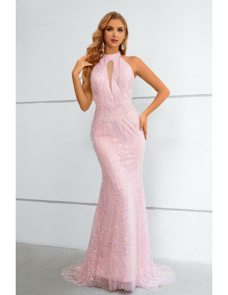 Backless Long Halter Mermaid Pink Prom Dress For Formal