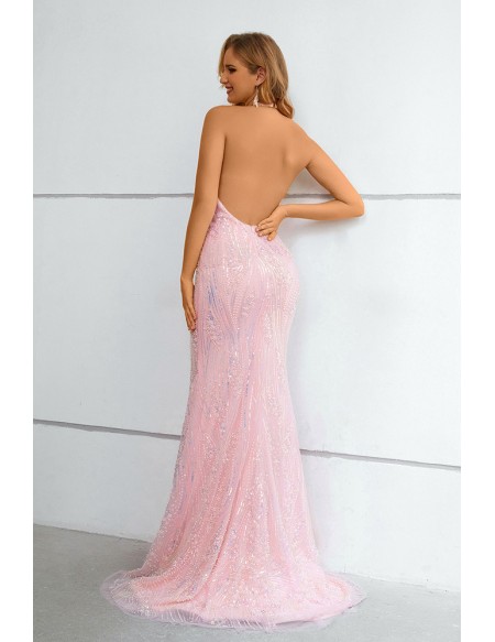 Backless Long Halter Mermaid Pink Prom Dress For Formal