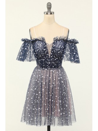 Cute Navy Tulle Short Homecoming Dress with Polka Dots