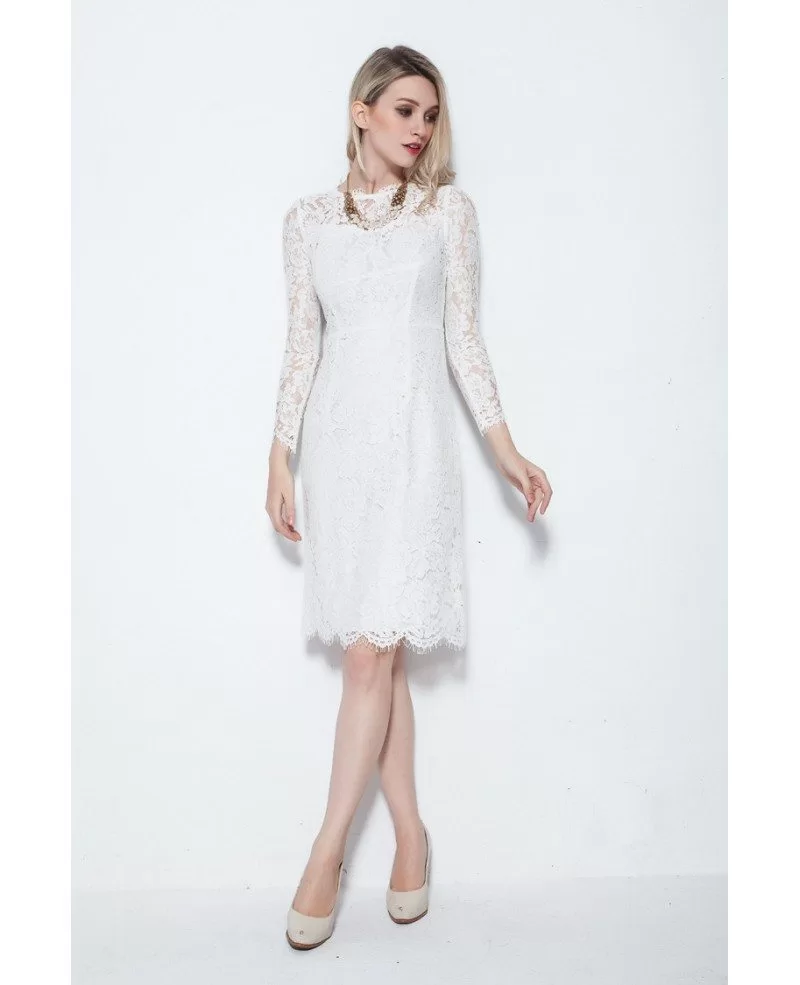 Modest Sleeved Knee Length White Dresses in Full Lace #DK212 $76.5 ...