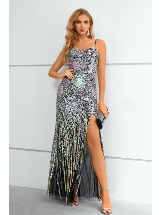 Sexy Beaded Sequins Split Front Prom Dress with Spaghetti Straps