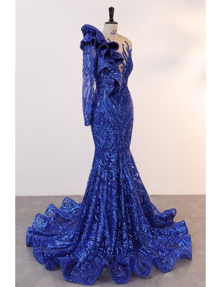 Blue Sparkly Sequined Mermaid One Long Sleeved Prom Dress with Ruffles