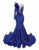 Blue Sparkly Sequined Mermaid One Long Sleeved Prom Dress with Ruffles