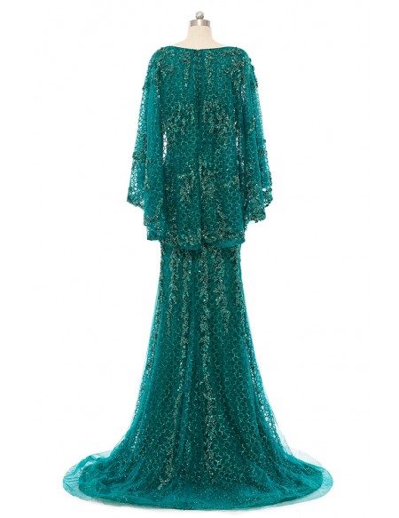 Green Sequined Lace Cape Style Mermaid Evening Prom Dress