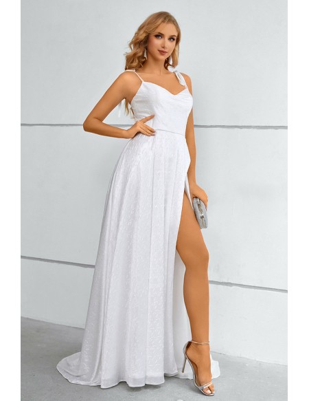 Simple White Aline Split Front Long Prom Dress with Straps
