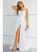 Simple White Aline Split Front Long Prom Dress with Straps