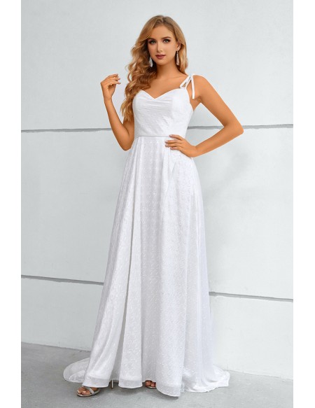 Simple White Aline Split Front Long Prom Dress with Straps