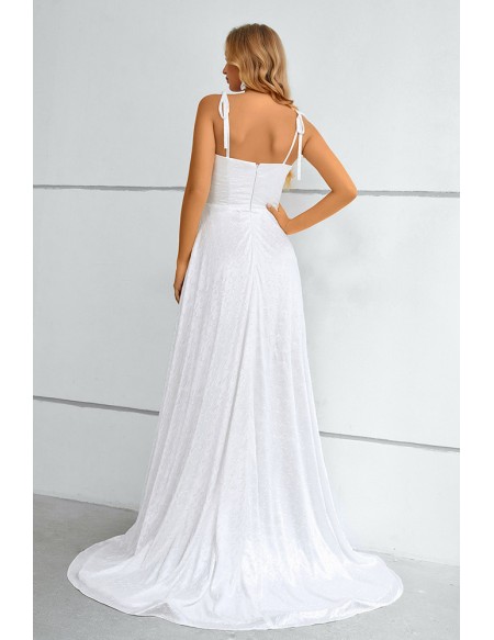 Simple White Aline Split Front Long Prom Dress with Straps