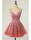 Gorgeous Pink Lace Tulle Short Homecoming Dress Vneck with Straps