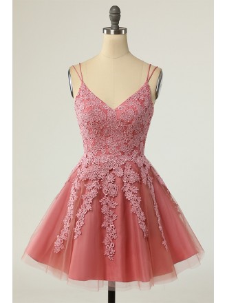 Gorgeous Pink Lace Tulle Short Homecoming Dress Vneck with Straps