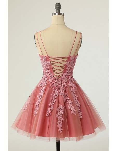 Gorgeous Pink Lace Tulle Short Homecoming Dress Vneck with Straps