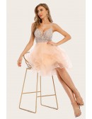 Pink Puffy Ruffled Short Tulle Prom Homecoming Dress with Sequins
