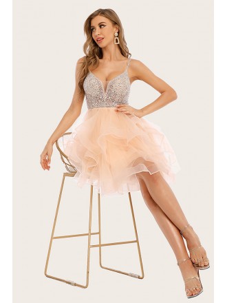 Pink Puffy Ruffled Short Tulle Prom Homecoming Dress with Sequins