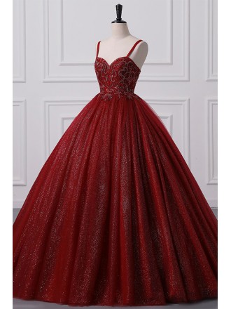 Burgundy Bling Tulle Ballgown Long Prom Dress with Embroidered Sequins