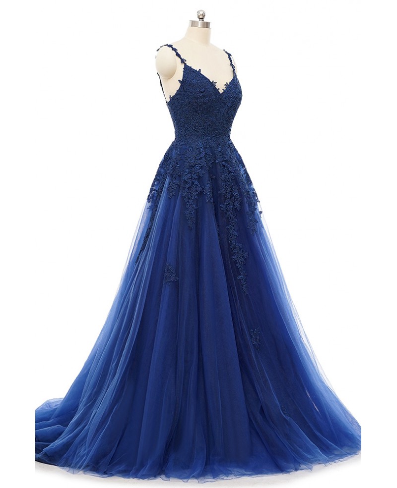 Gorgeous Navy Blue Flowy Long Tulle Prom Dress with Lace Appliques ...