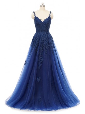 Gorgeous Navy Blue Flowy Long Tulle Prom Dress with Lace Appliques
