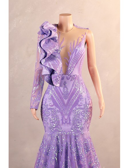 Purple Sparkly Sequined Mermaid One Long Sleeved Prom Dress with Ruffles
