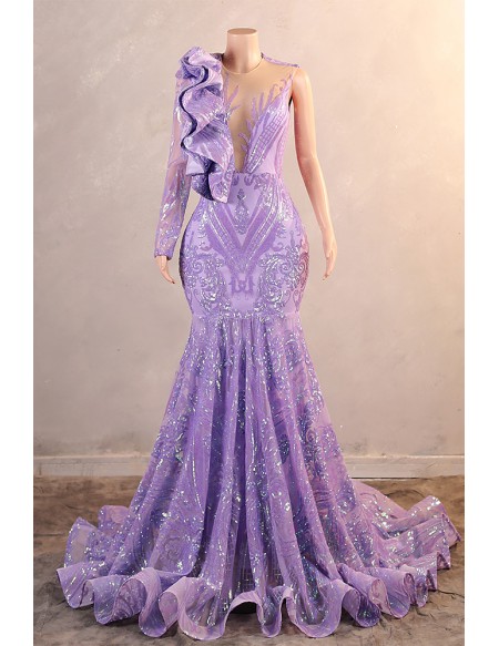 Purple Sparkly Sequined Mermaid One Long Sleeved Prom Dress with Ruffles