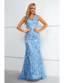 Elegant Blue Flowers Vneck Mermaid Prom Dress Sleeveless