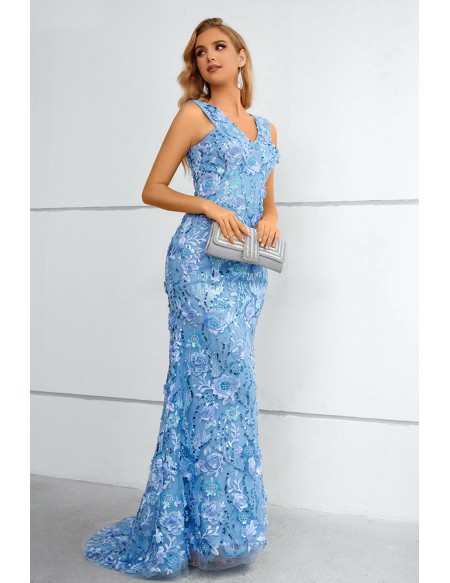 Elegant Blue Flowers Vneck Mermaid Prom Dress Sleeveless