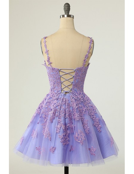 Purple Appliques Lace Tulle Vneck Homecoming Dress with Straps