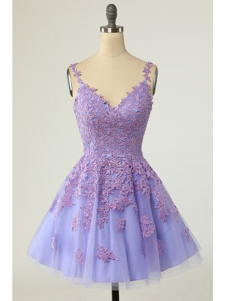 Purple Appliques Lace Tulle Vneck Homecoming Dress with Straps
