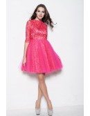 Modest Long Lace Sleeves Tulle Fuschia Homecoming Dresses in Cocktail Length