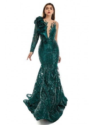 Green Sparkly Sequined Mermaid One Long Sleeved Prom Dress with Ruffles