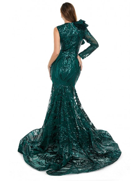 Green Sparkly Sequined Mermaid One Long Sleeved Prom Dress with Ruffles