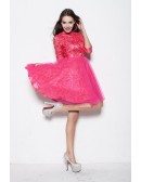 Modest Long Lace Sleeves Tulle Fuschia Homecoming Dresses in Cocktail Length