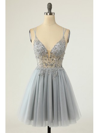 Silver Sexy Short Tulle Prom Dress with Beaded Sequins Sheer Waist