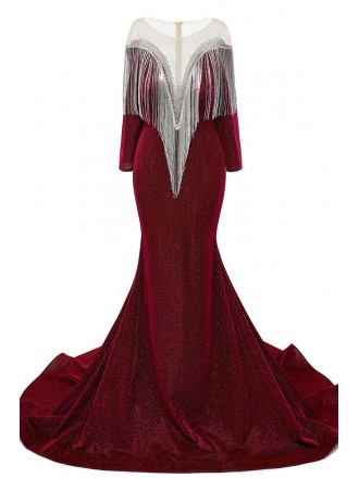 Burgundy Bodycon Long Sleeved Prom Dress with Bling Tassels