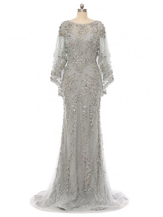 Grey Sequined Lace Cape Style Mermaid Evening Prom Dress