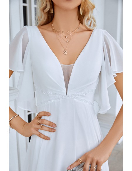 Vneck Aline Comfy Chiffon Summer Wedding Dress with Sleeves