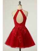 Red Short Halter Lace Tulle Homecoming Dress