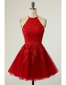 Red Short Halter Lace Tulle Homecoming Dress