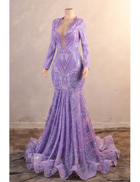 Sparkly Illusion Deep Vneck Long Sleeved Purple Bodycon Prom Dress