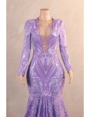 Sparkly Illusion Deep Vneck Long Sleeved Purple Bodycon Prom Dress