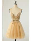 Gold Sexy Short Tulle Prom Dress with Beaded Sequins Sheer Waist