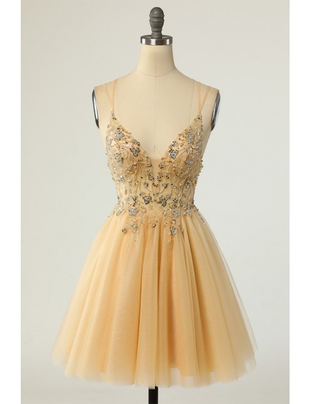Gold Sexy Short Tulle Prom Dress with Beaded Sequins Sheer Waist