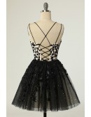 Unique Black Lace Short Tulle Prom Dress with Straps