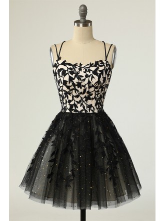 Unique Black Lace Short Tulle Prom Dress with Straps
