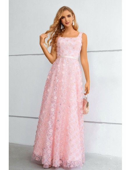 Pink Long Prom Dress With Slit Sleeveless Flower Formal Gown main image 1