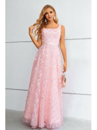Lovely Pink Flowers Aline Long Prom Dress Sleeveless