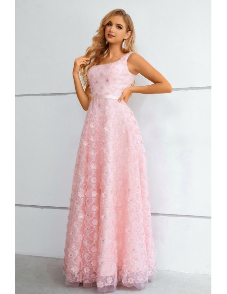 Princess Pink A-Line Lace Flowers Sleeveless Straps Long Prom Dress
